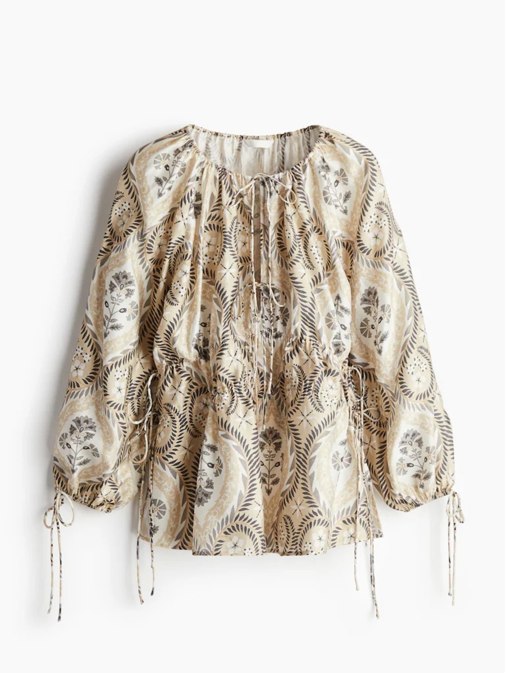 H&M Beige and Cream Floral Tie-Front Peasant Top